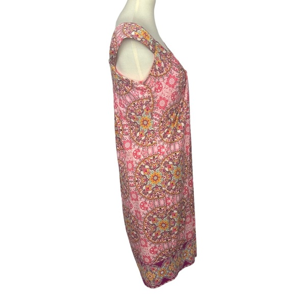 London Times Dress Womens 10 Pink Yellow Mandala Print Midi V-Neck Stretch - Picture 2 of 8